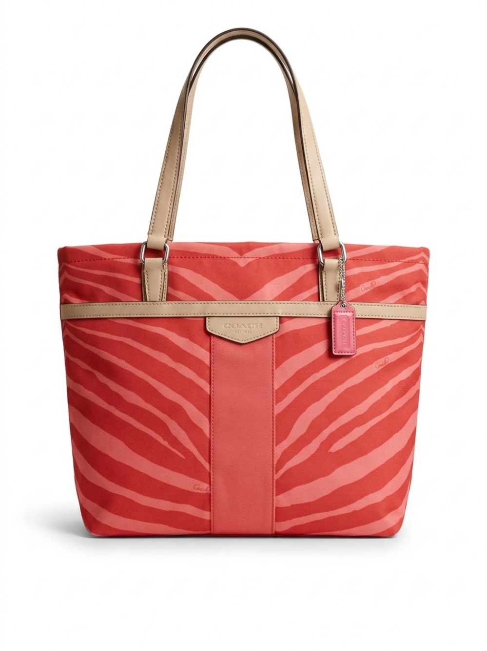 Coach Coral Zebra-Print Tote with Tan Handles as is